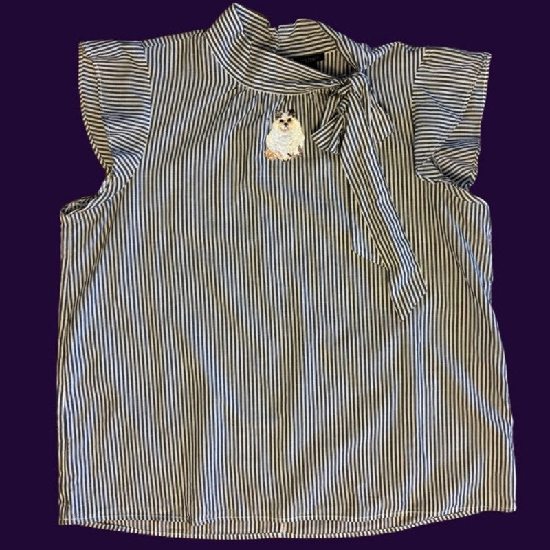 Vintage Cat Patch Flutter Cap-Sleeve Mock Neck Striped Blue and White Pussy Bow Cotton Top (L)