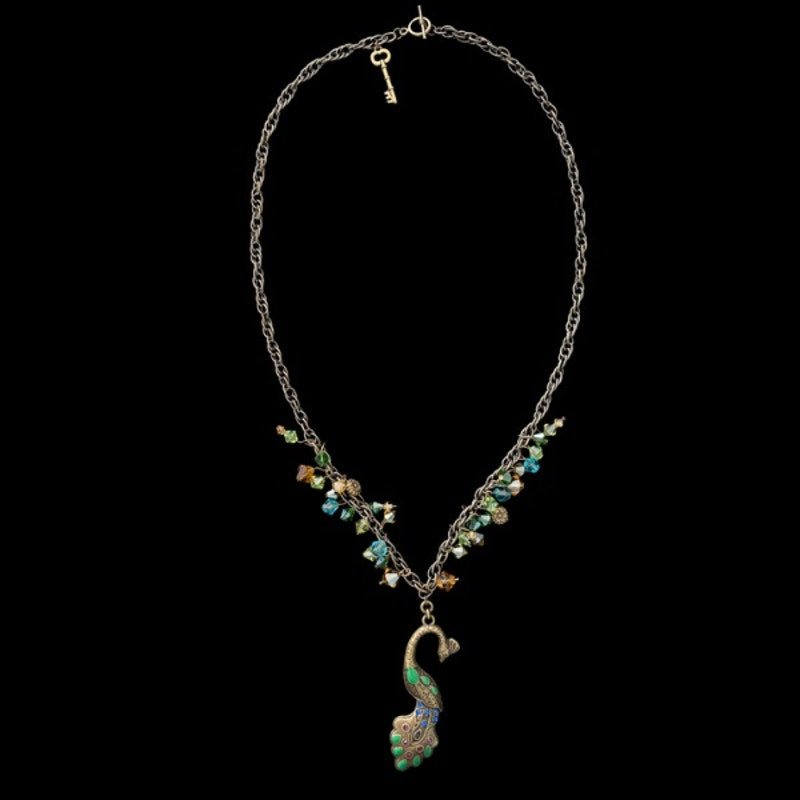 Vintage Bronze Rhinestone Studded Peacock Pendant Beaded Necklace
