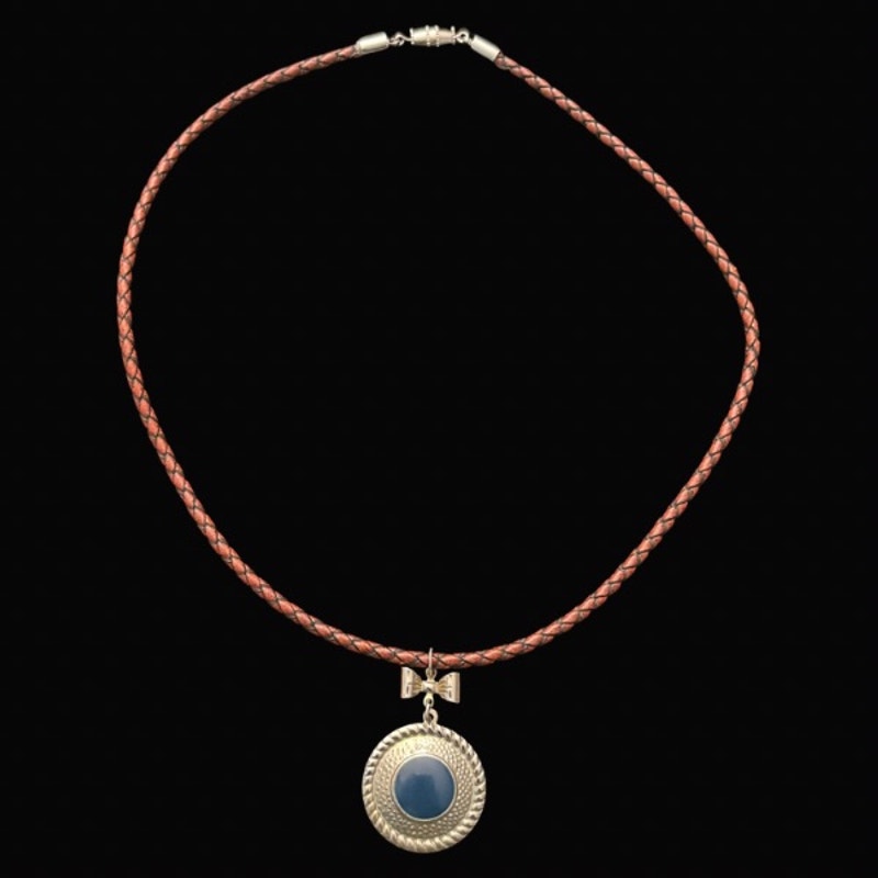 Silver & Blue Disc & Bow Pendant Leather Cord Choker Necklace
