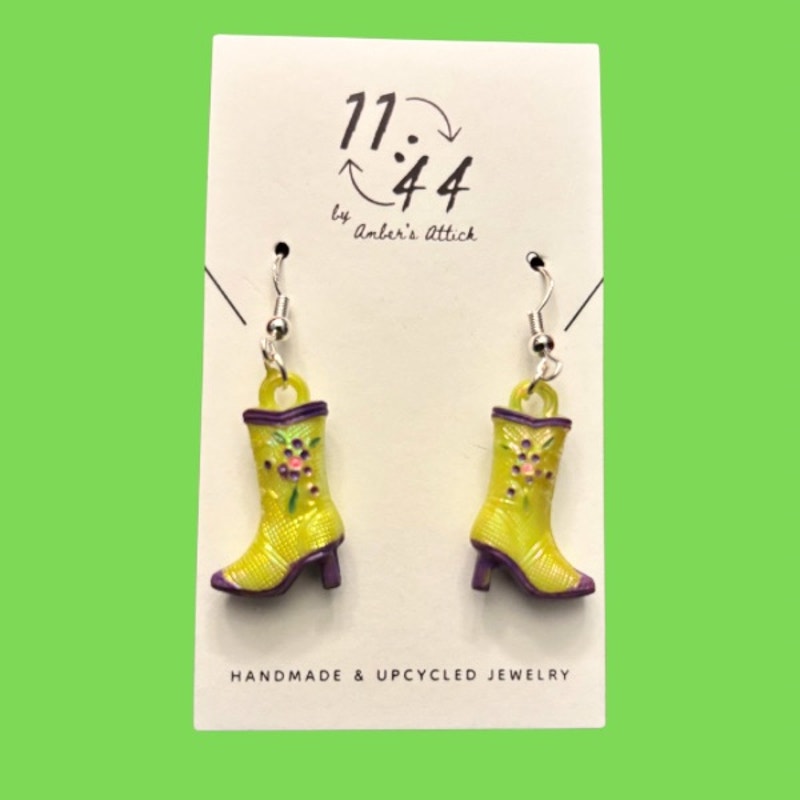 Yellow/Purple Handpainted Y2K Floral Cowgirl Boot Charm Earrings