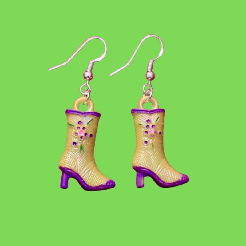 Yellow/Purple Handpainted Y2K Floral Cowgirl Boot Charm Earrings