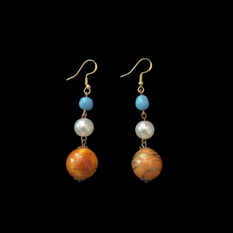 Baroque-inspired Gold/Orange, Faux Pearl & Turquoise Beaded Drop Earrings