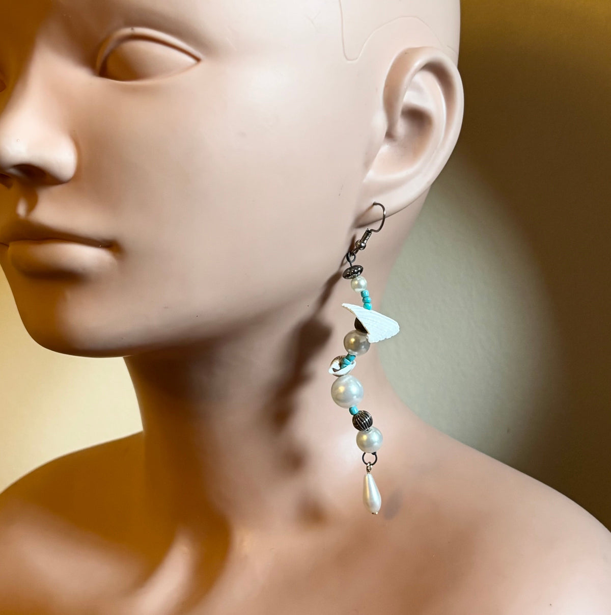 Aquata | White/ Multi Shell Mock Pearl & Turquoise Beaded Dangle Earrings