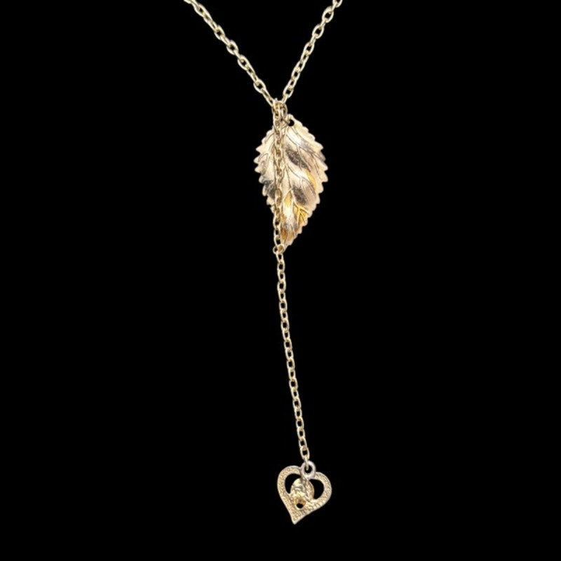 Vintage White Gold Toned Leaf & Faux Amethyst Heart Charm Layered Drop Pendant Necklace