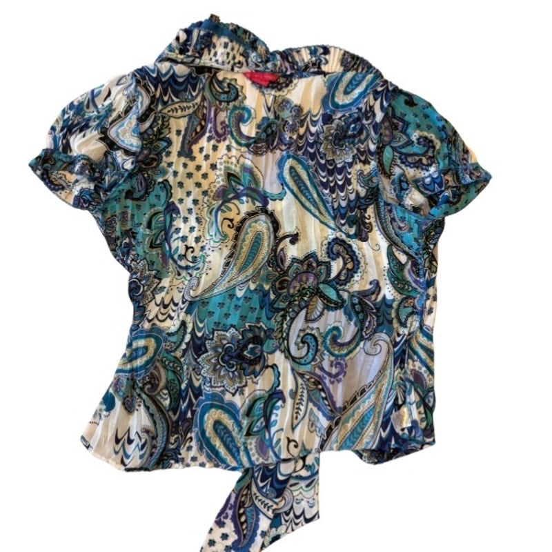 Y2K Sheer Blue Paisley Ruffle Collar Short Sleeve Wrap Top (L)