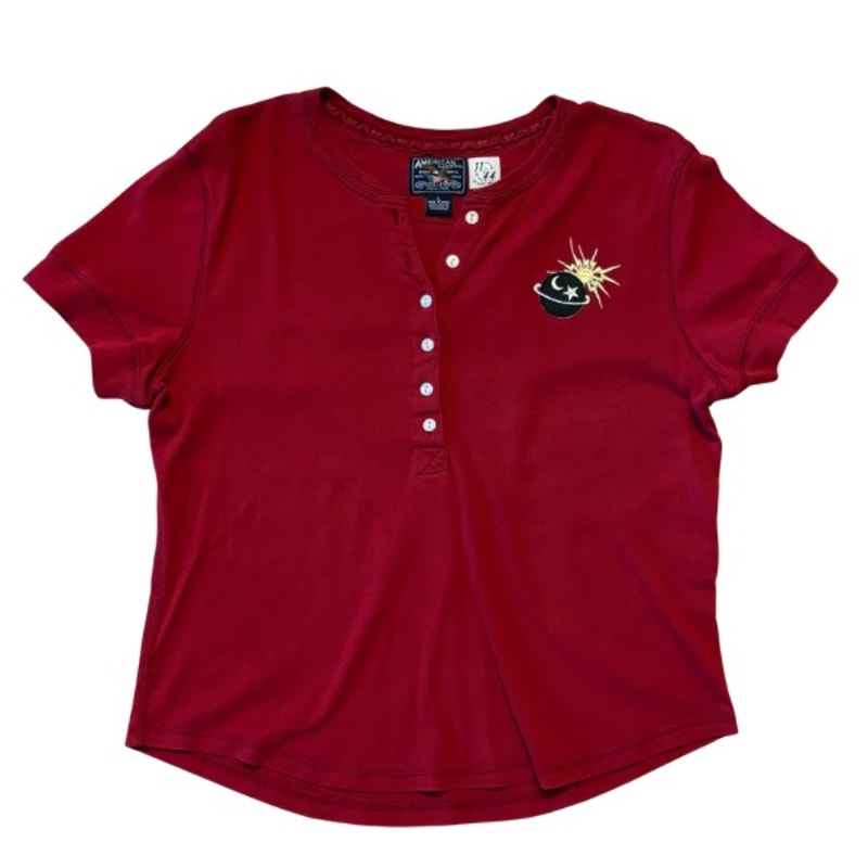 Vintage Embroidered Star Planet Patch Wine Red 1/4 Button Down Cotton Short Sleeve Shirt (L)