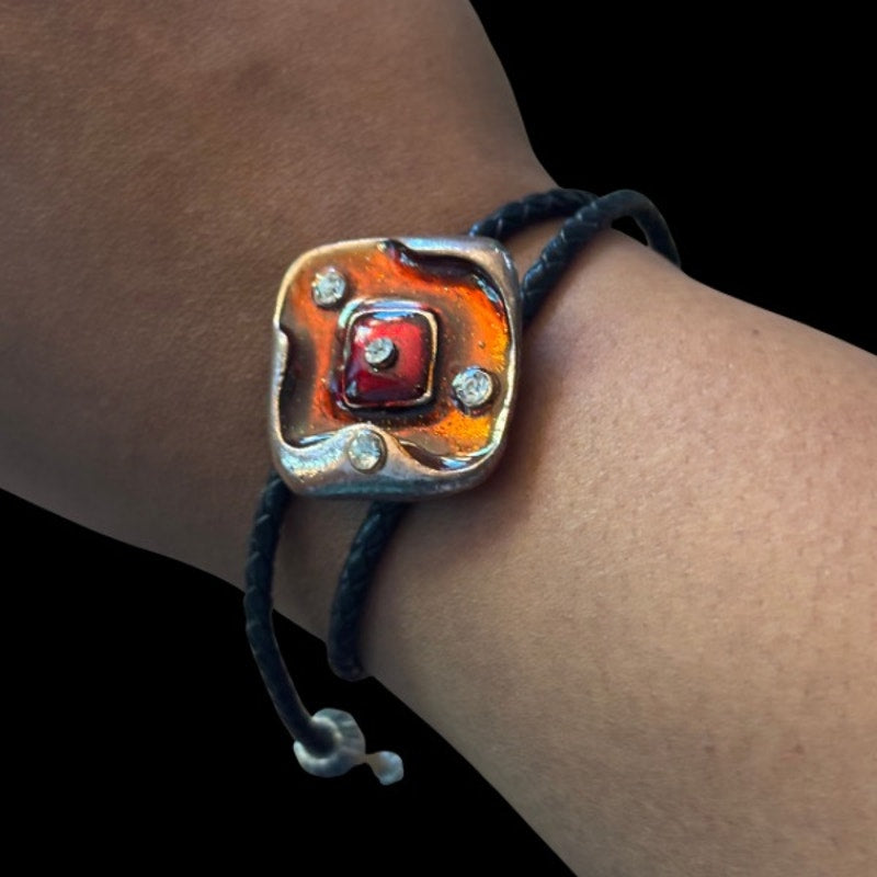 Upcycled Vintage Abstract Rhinestone Studded Red, Orange, and Bronze Diamond Bolo Bracelet