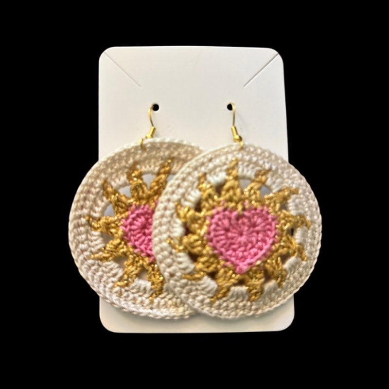 Pink, Gold, & Cream Hearts on Fire Micro-crocheted Disc Earrings