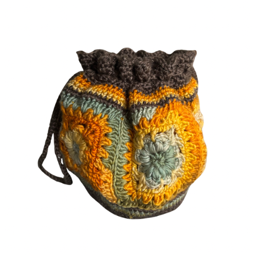 Retro Crocheted Granny Square Drawstring Pouch Bags | Made by Maya