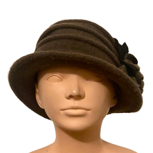🔔 1920’s Style Wool Army Green/Black Flower Cloche Hat (57 cm)