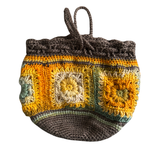 Retro Crocheted Granny Square Drawstring Pouch Bags | Made by Maya
