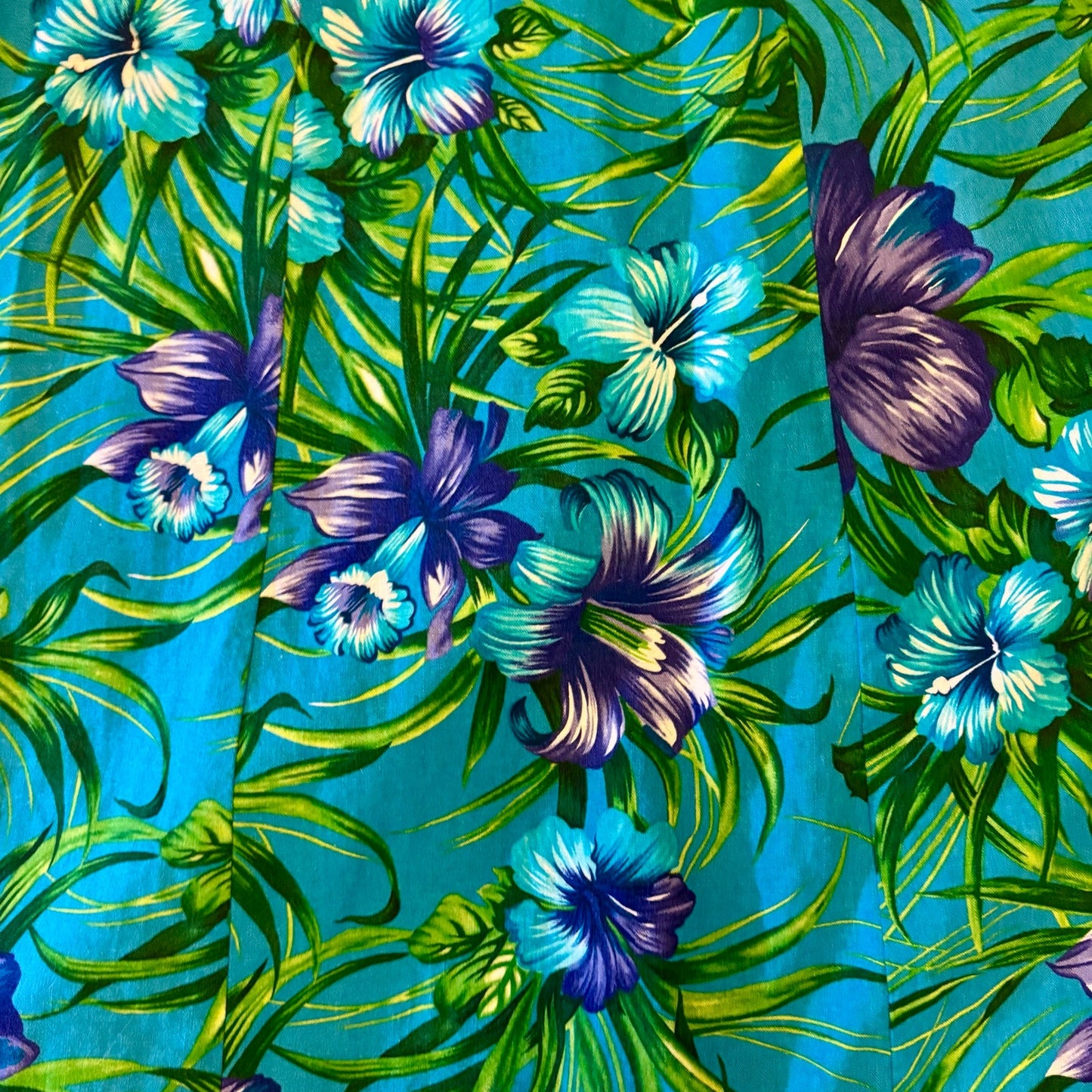 Vintage Blue & Purple Hibiscus Floral Print Sleeveless Button Down A-Line Tea Length Dress (M)