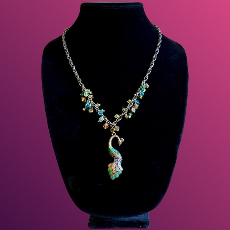 Vintage Bronze Rhinestone Studded Peacock Pendant Beaded Necklace