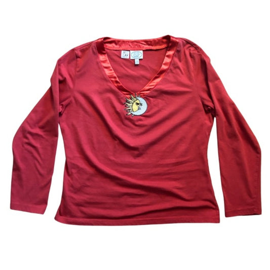 Vintage Sun and Moon Patch Red Satin Trim V-Neck Longsleeve Top (L-XL)