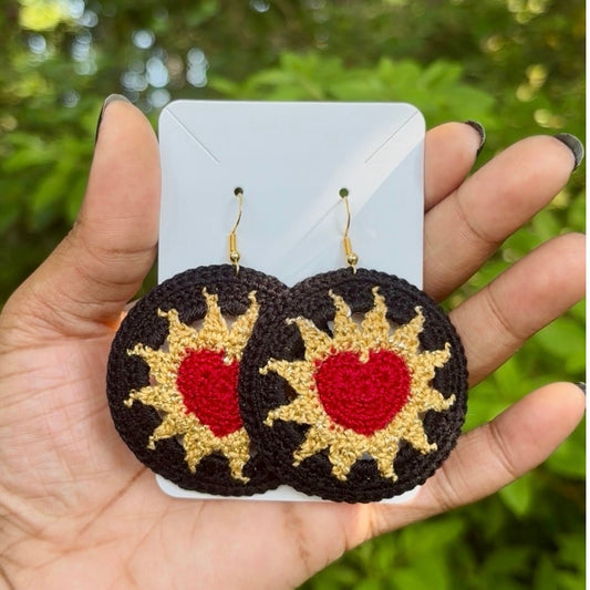 Red, Gold, & Black Hearts on Fire Micro-crocheted Disc Earrings