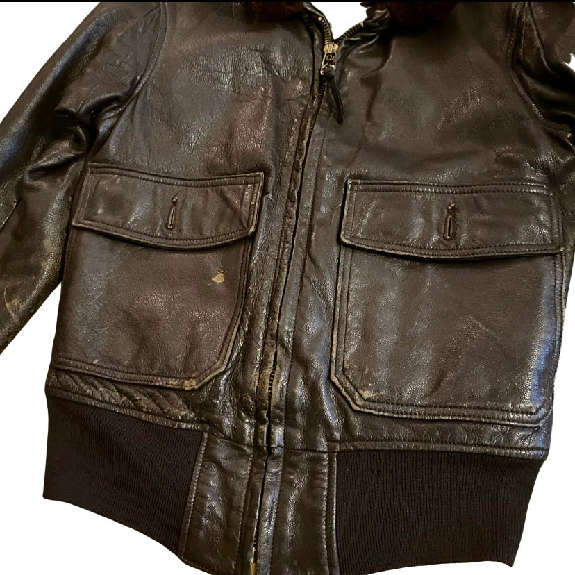 *RARE VINTAGE* 1960s USN Men’s Type G-1 Chocolate Brown Leather Flight Jacket with Fur Collar  (36)