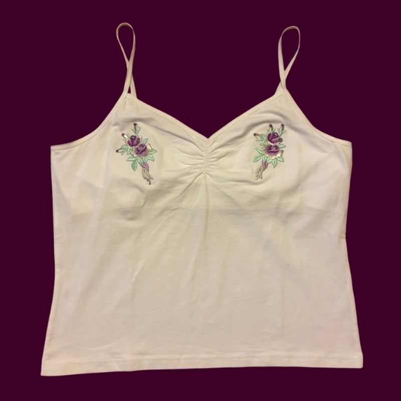 Vintage Purple Rose Bouquet Flower Patch Embellished White Camisole (Medium-Large)