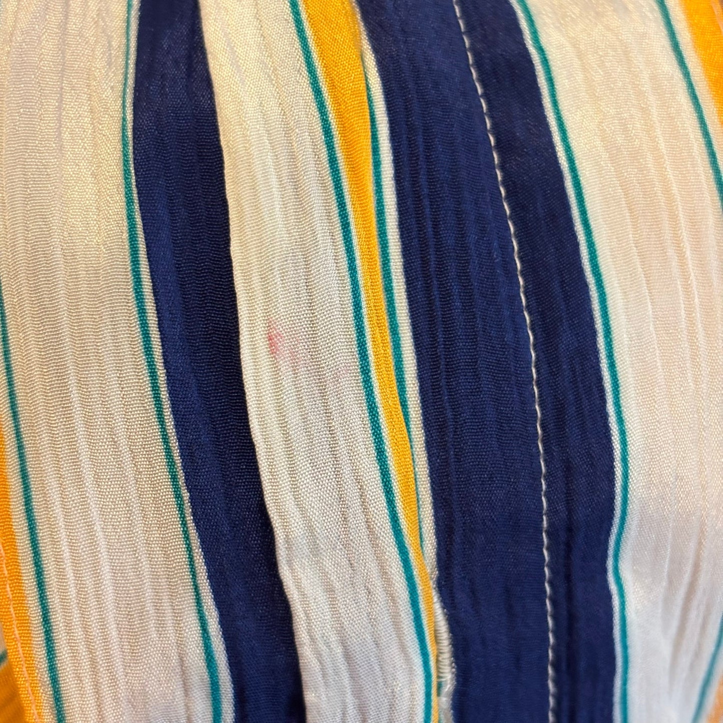 Vintage Textured Satin Yellow, White, & Blue Striped Short Sleeve Shirt (M/L)