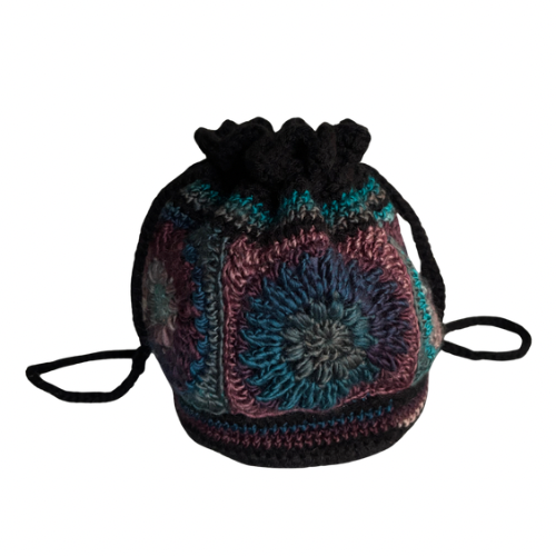 Retro Crocheted Granny Square Drawstring Pouch Bags | Made by Maya