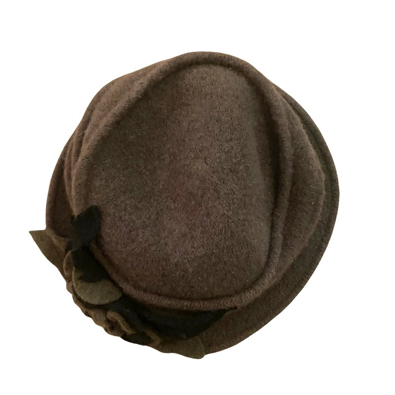 🔔 1920’s Style Wool Army Green/Black Flower Cloche Hat (57 cm)
