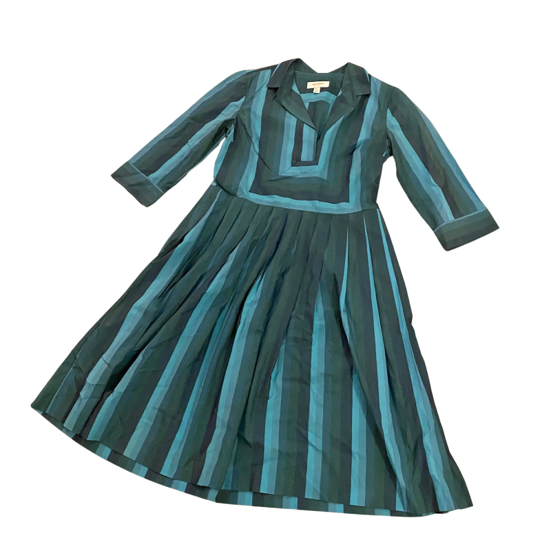 🔔 Issac Mizrahi Blue Striped Collared Fit & Flare Pleated Midi Dress (14)