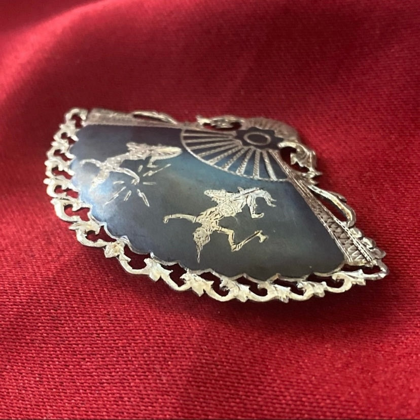 Vintage Black & Silver Siam Niello Sterling Silver Dancers Filigree Fan Brooch