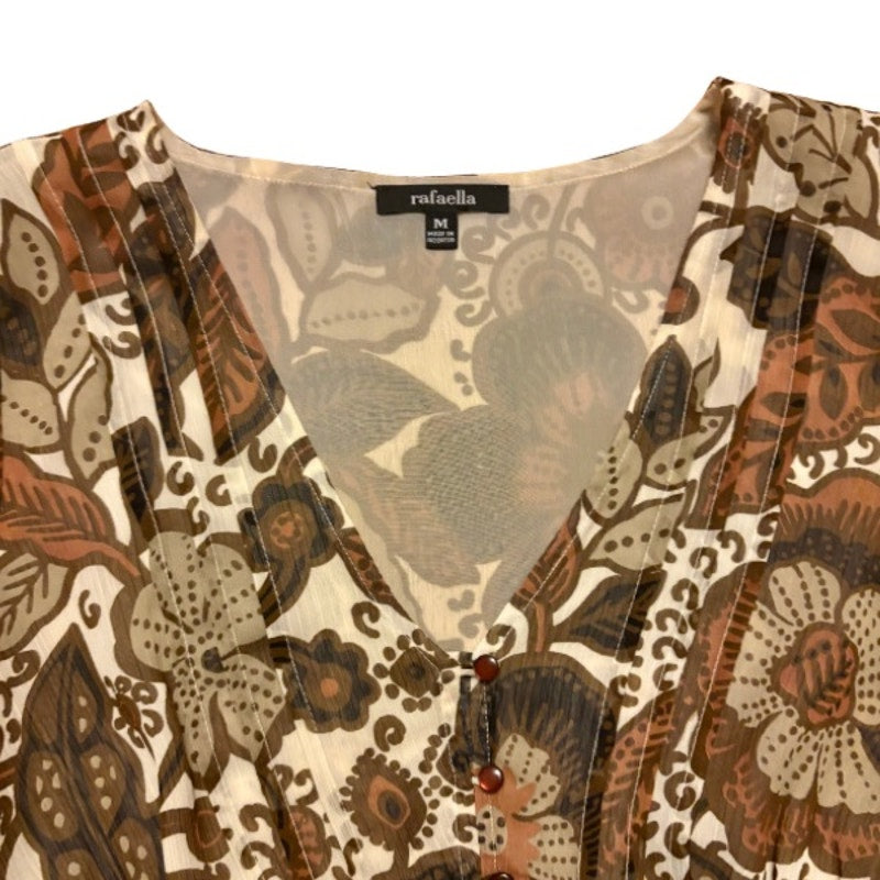Y2K Earthy Burnt Orange, Cream, and Green Sheer Floral Puff Sleeve Blouse (M)