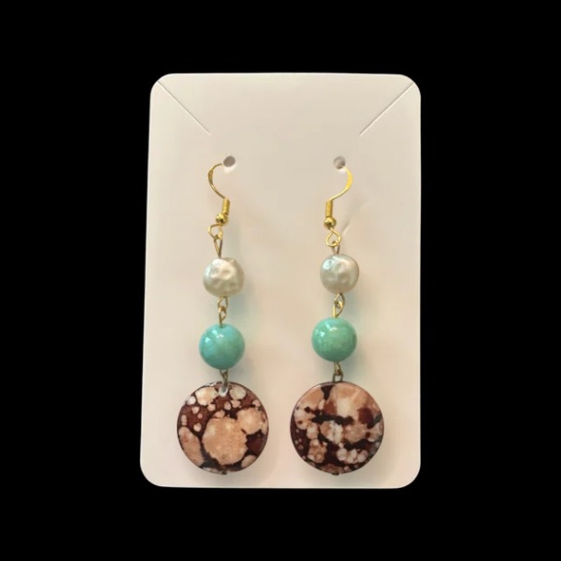 Baroque-Inspired Costume Pearl, Turquoise, & Brown Jasper Shell Bead Drop Earrings
