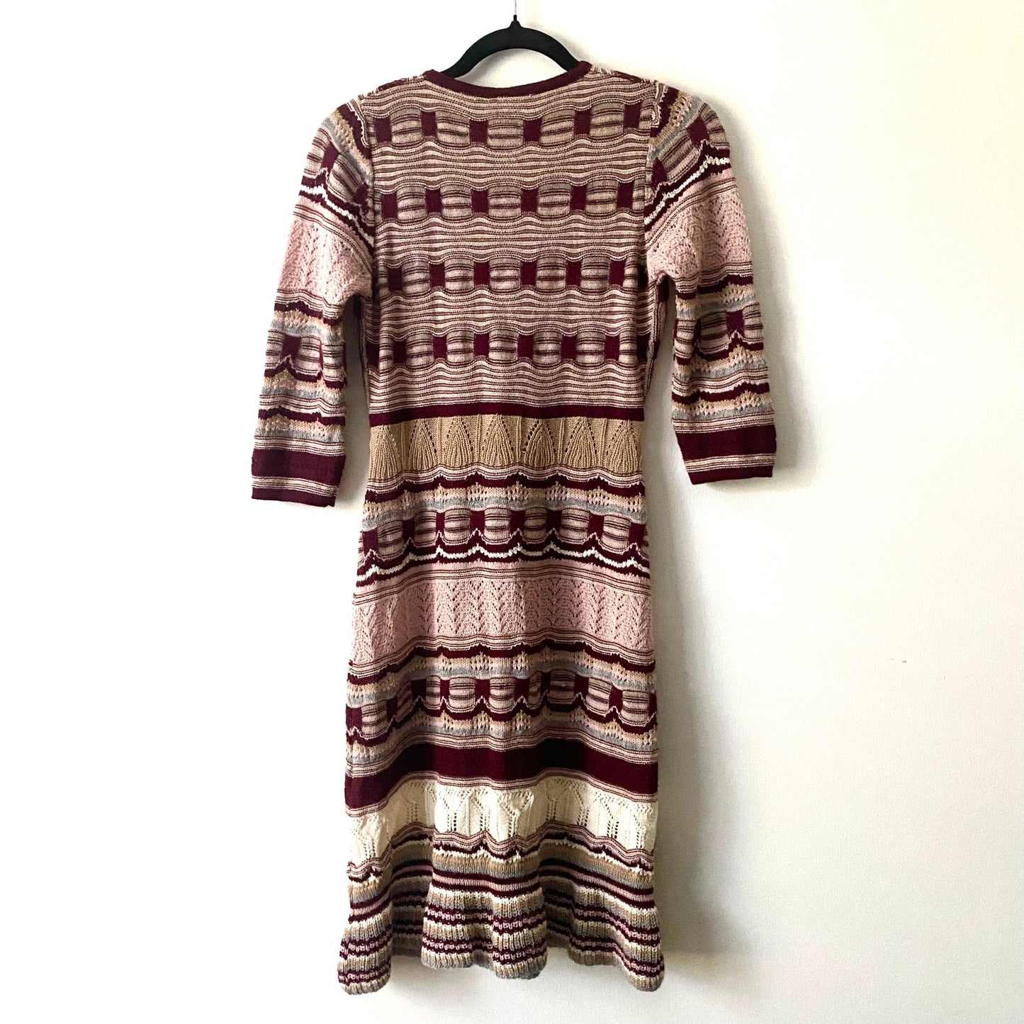NWT V-Neck Pink/ Burgundy/ Cream/ Striped Baby Alpaca Wool Knit Ruffle Hem Dress (M)