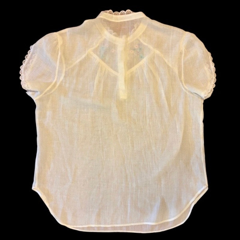 Vintage Sheer Pastel Yellow Floral Embroidered Lace Collar Short Sleeve Blouse (S-M)