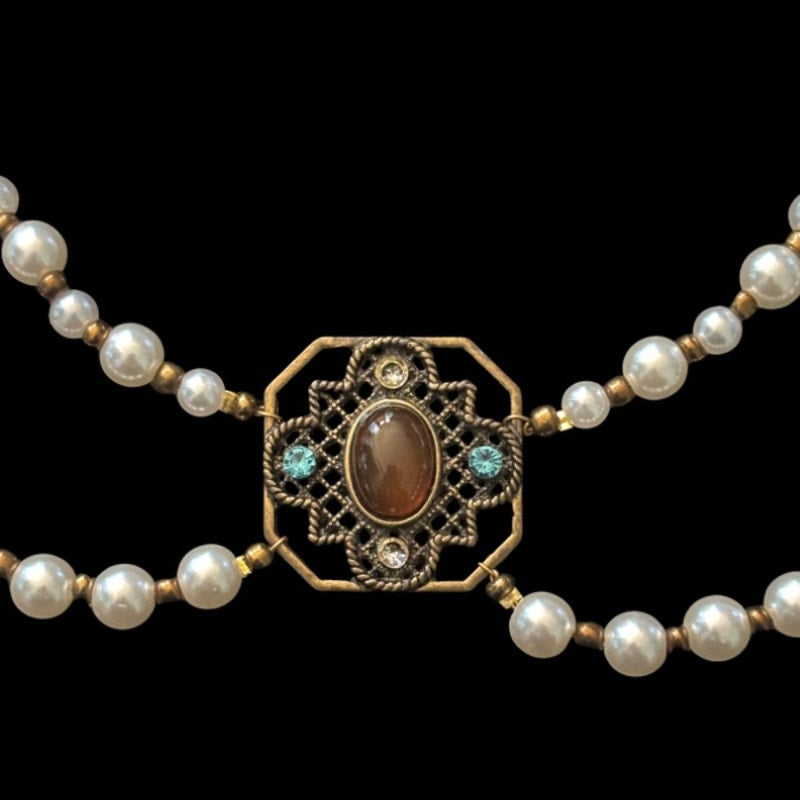 Double Strand Pearl Necklace with Square Vintage Costume Oval Amber, Sapphire & Clear Rhinestone Studded Bronze Pendant