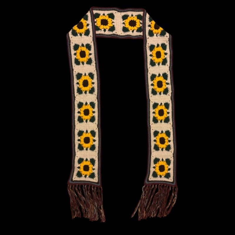 Extra-Long Crocheted Sunflower Granny Square Scarf w/ Multicolor Fringe