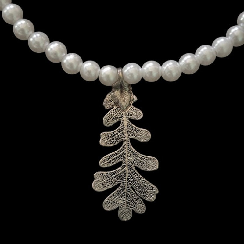 Vintage Silver Leaf Pendant Pearl Choker Necklace | Handmade with Secondhand Materials