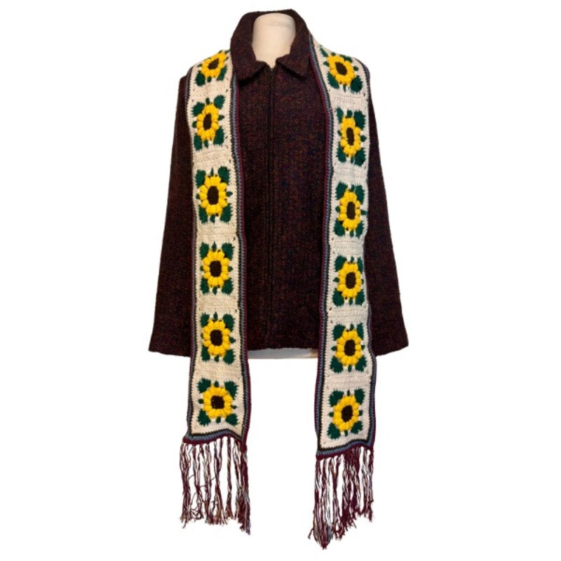 Extra-Long Crocheted Sunflower Granny Square Scarf w/ Multicolor Fringe