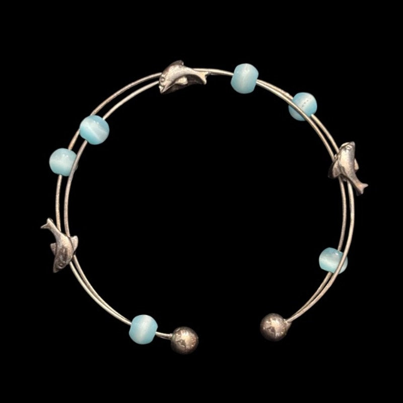 Vintage Silver Dolphin & Aquamarine Bead Wire Cuff Bracelet