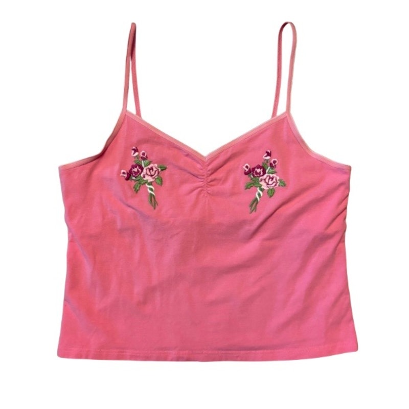 Vintage Pink Rose Bouquet Flower Patch Embellished Pink Crop Camisole (Medium-Large)
