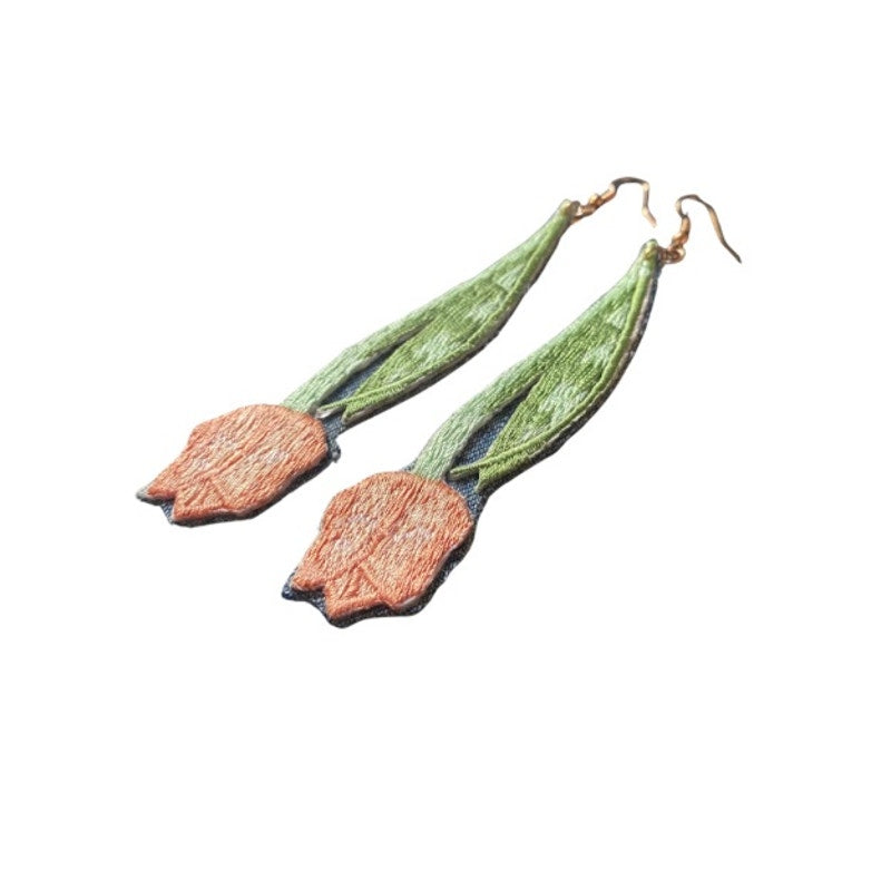 Upcycled Vintage Pastel Orange Tulip Embroidered Patch + Denim Earrings (Upside Down)