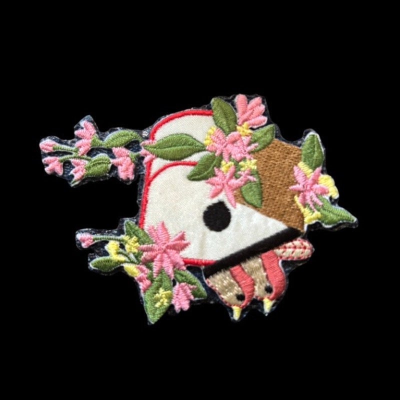 Pink Flower Birdhouse with Peeking Lovebirds Vintage Embroidered Patch Pin