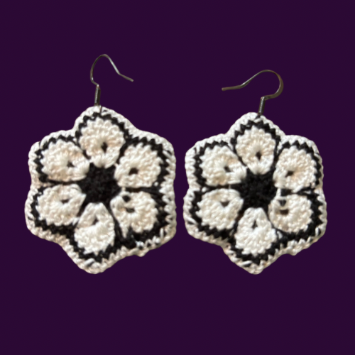 Black & White Micro-crocheted Cotton Flower Earrings