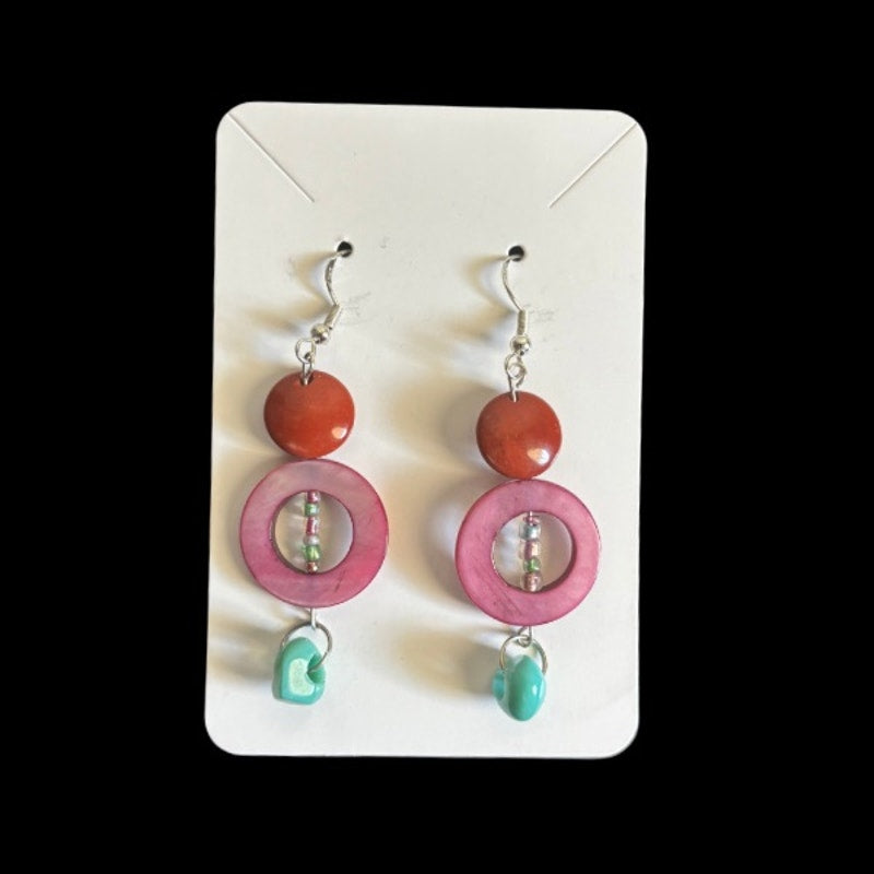 Burnt Orange, Fuchsia Pink Mother-of-Pearl Ring, & Teal Bead Drop Earrings