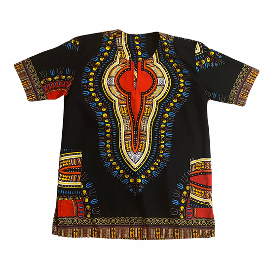 Unisex Red, Black, White, Yellow & Blue Printed Dashiki Shirt (L)
