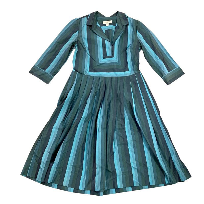 🔔 Issac Mizrahi Blue Striped Collared Fit & Flare Pleated Midi Dress (14)