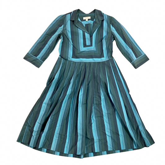 🔔 Issac Mizrahi Blue Striped Collared Fit & Flare Pleated Midi Dress (14)