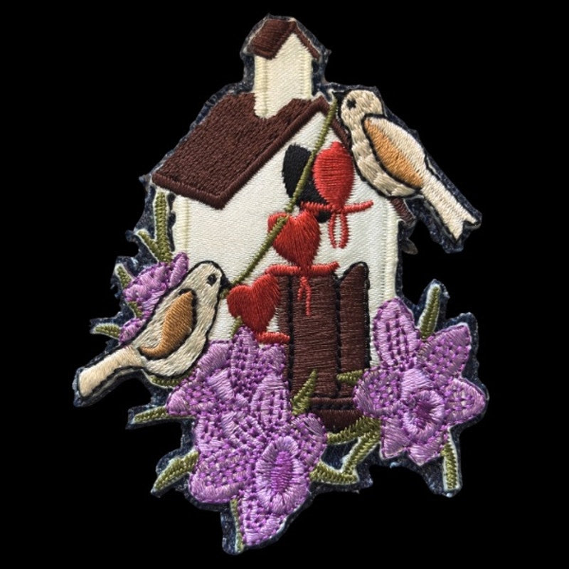 Lovebirds Birdhouse and Purple Flowers Vintage Embroidered Patch Pin