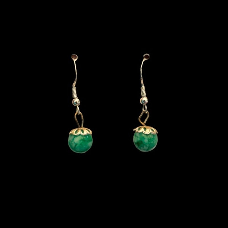 Dainty Green Marble Bead Drop Earrings | Upcycled Vintage