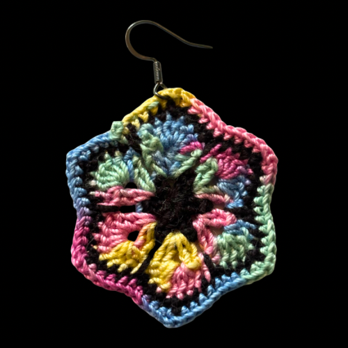 Rainbow & Black Micro-crocheted Cotton Flower Earrings