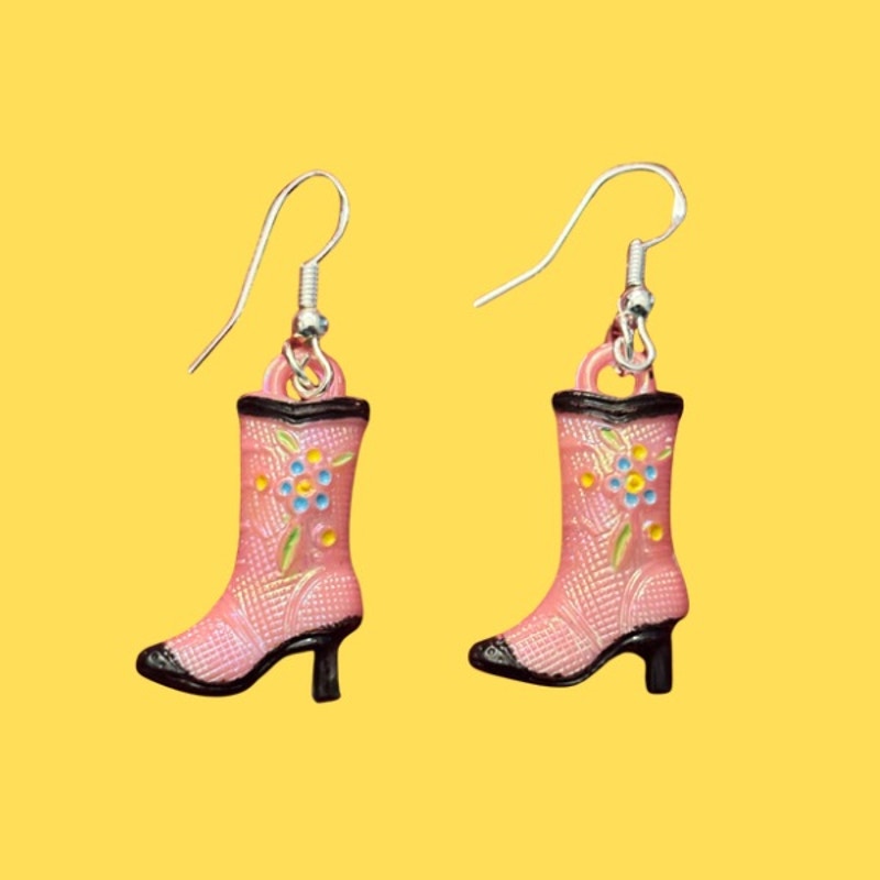 Pink/Black Handpainted Y2K Floral Cowgirl Boot Charm Earrings