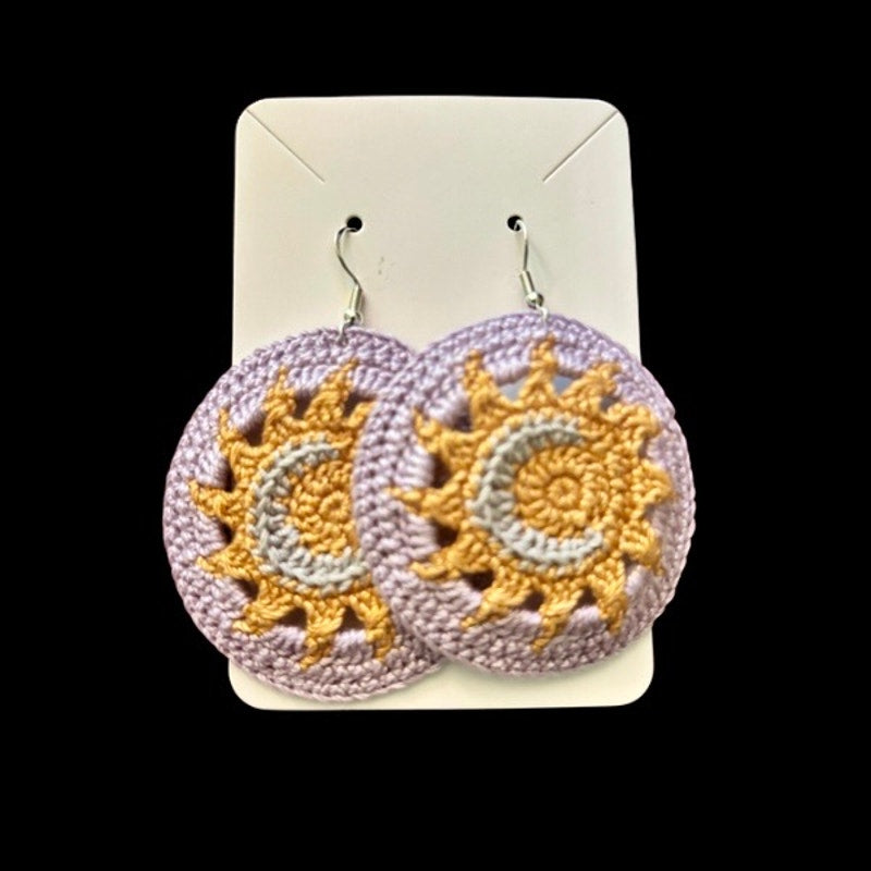 Lavender Sun and Moon Micro-crocheted Disc Earrings | Made by Maya