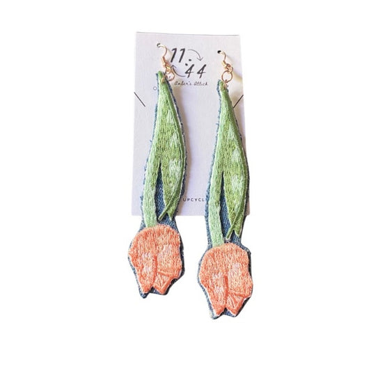 Upcycled Vintage Pastel Orange Tulip Embroidered Patch + Denim Earrings (Upside Down)