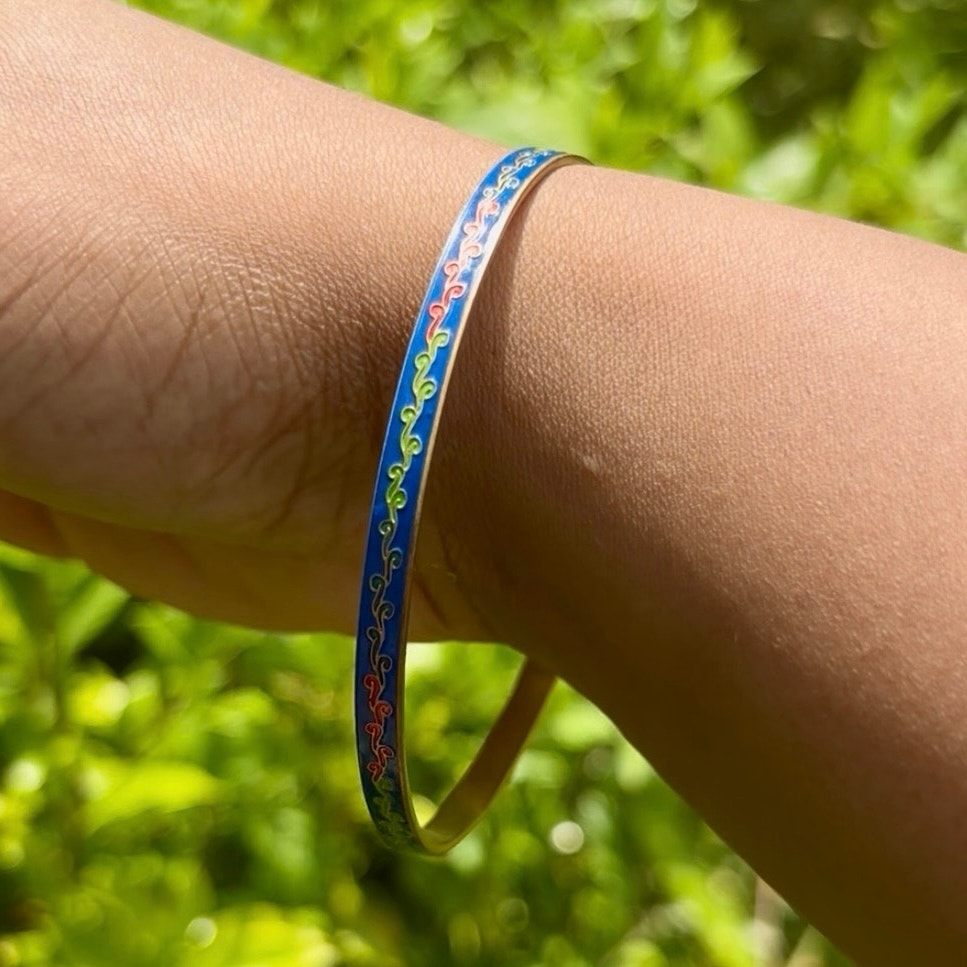 Royal Blue/ Multi Scroll Vintage Cloisonné Brass & Enamel Bangle (Medium)
